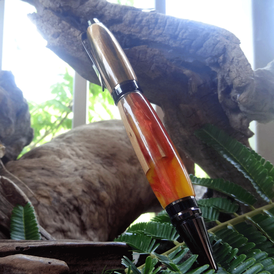 Driftwood and red and yellow resin pen