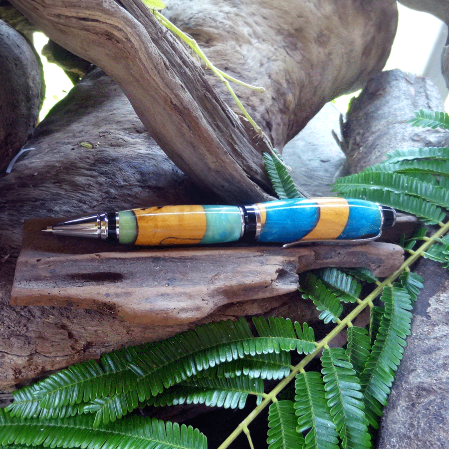 Driftwood and blue and green resin pen