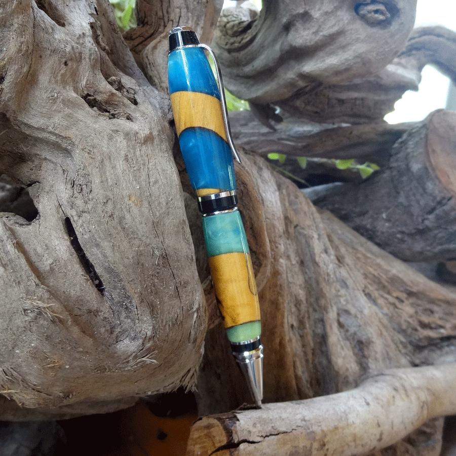 Driftwood and blue and green resin pen