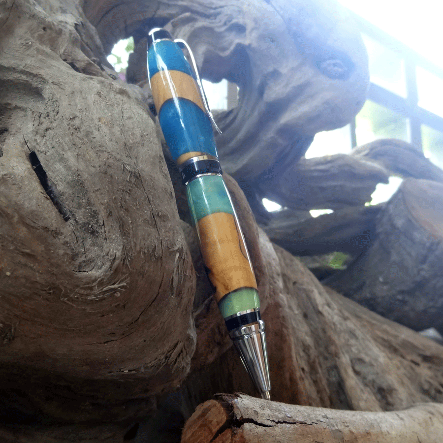 Driftwood and blue and green resin pen