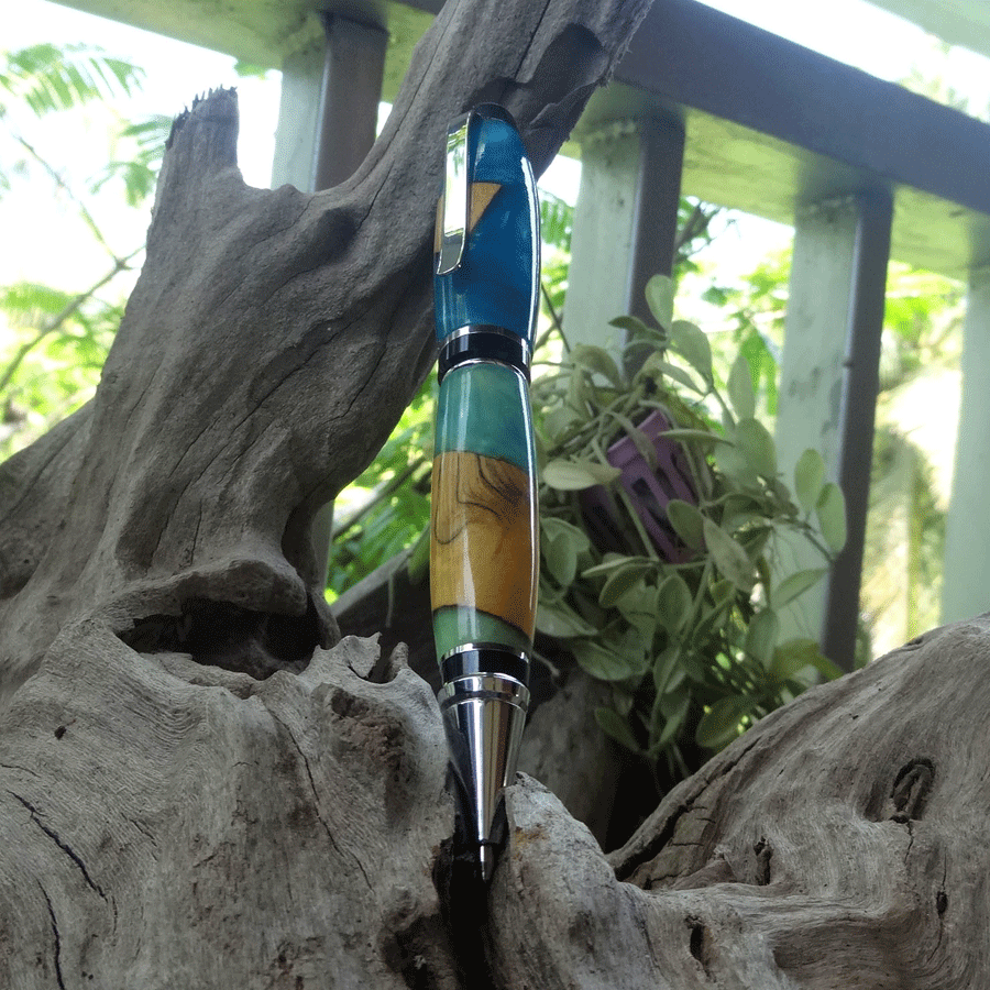 Driftwood and blue and green resin pen