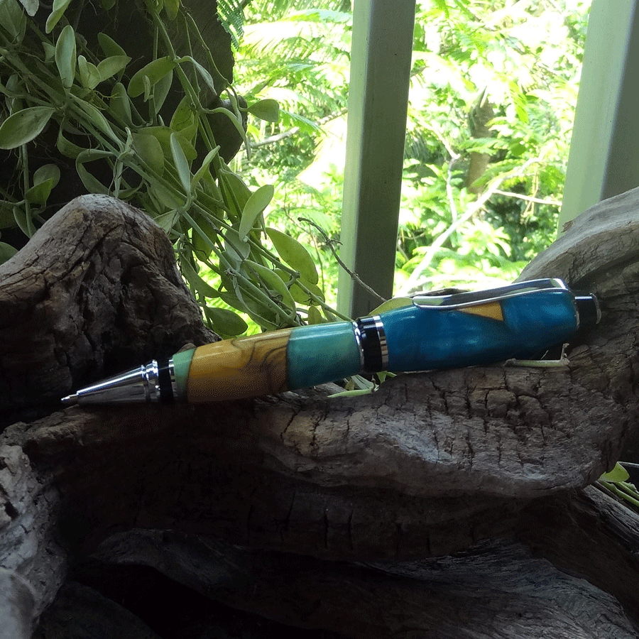 Driftwood and blue and green resin pen