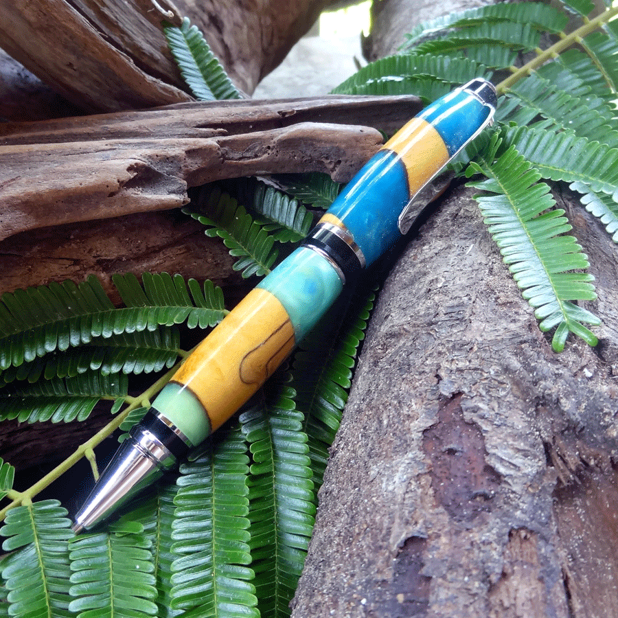 Driftwood and blue and green resin pen