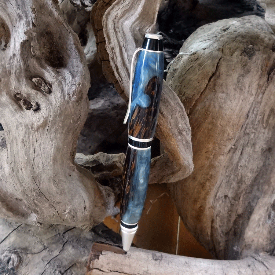 Driftwood and blueish grey resin pen