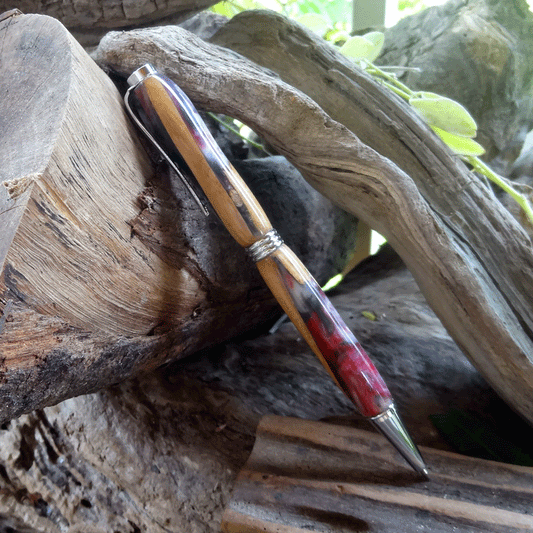 Driftwood and red and pearl grey resin pen