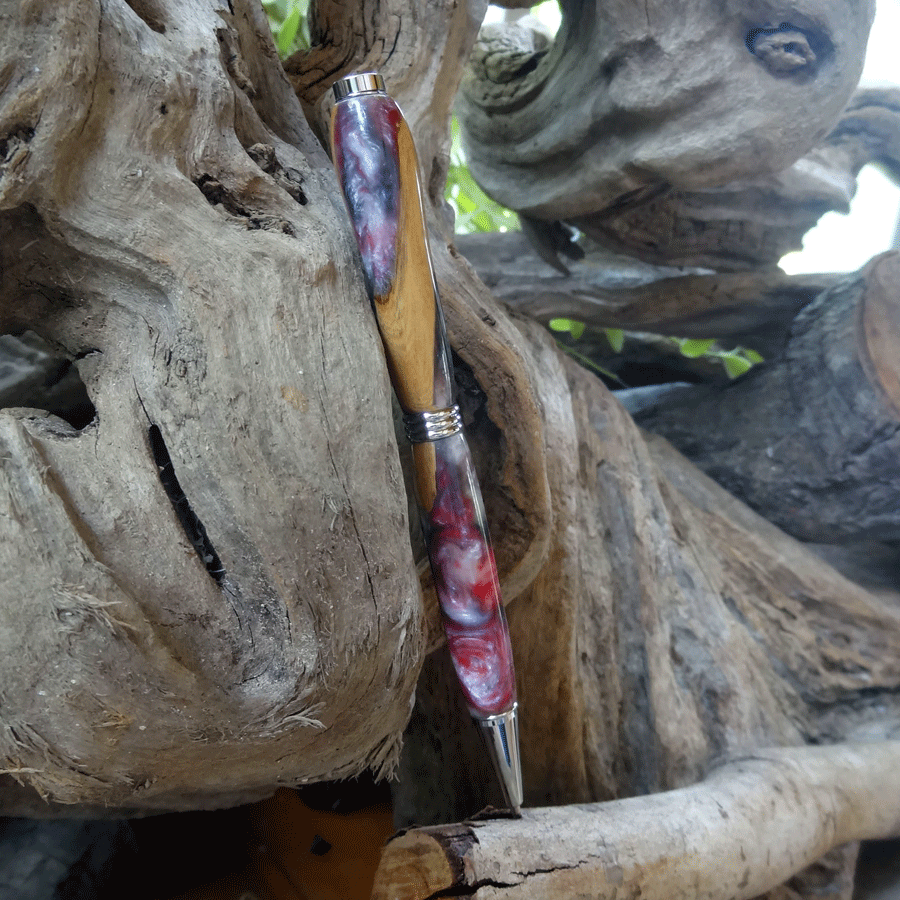 Driftwood and red and pearl grey resin pen