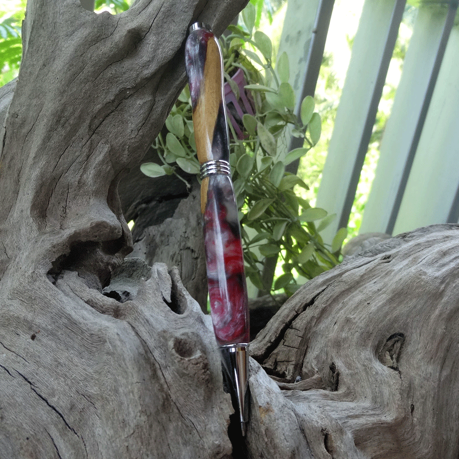 Driftwood and red and pearl grey resin pen