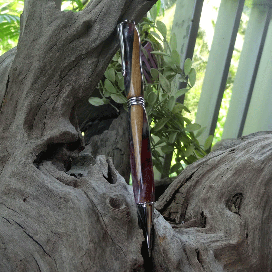 Driftwood and red and pearl grey resin pen