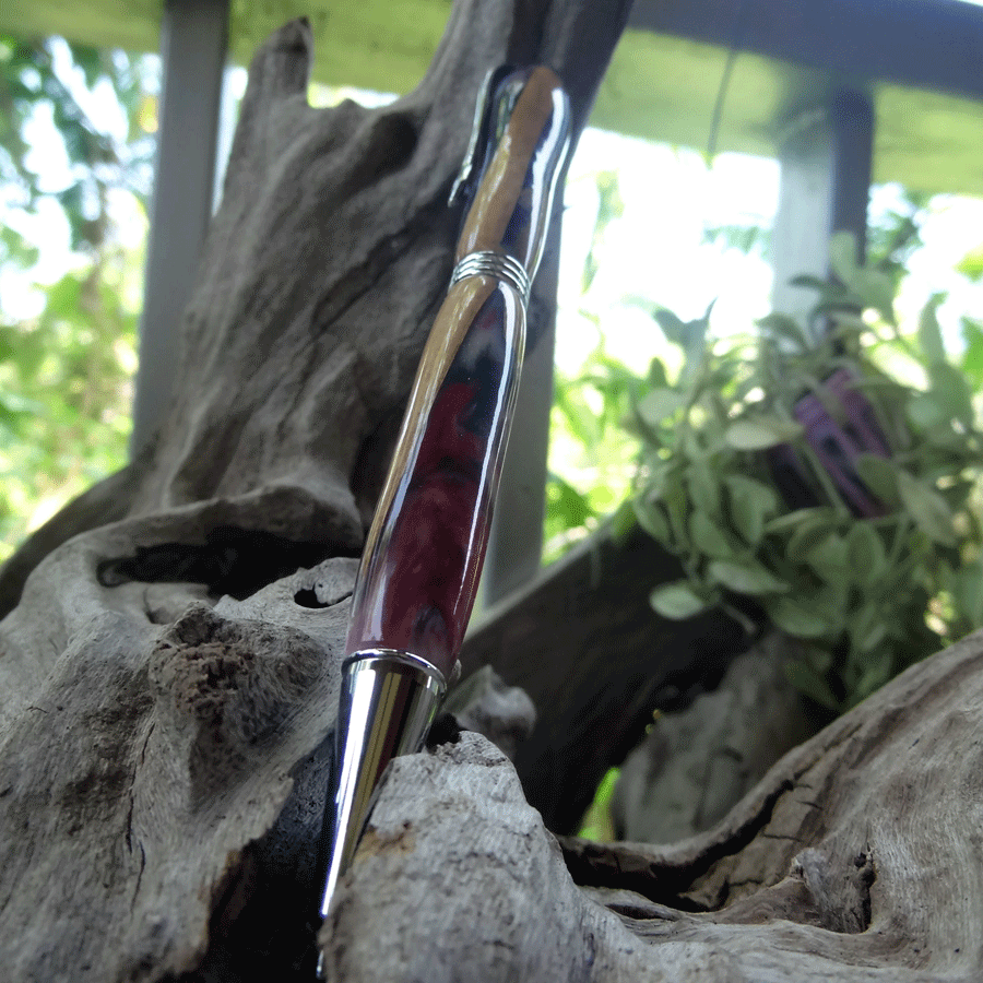 Driftwood and red and pearl grey resin pen