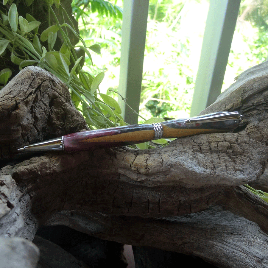 Driftwood and red and pearl grey resin pen