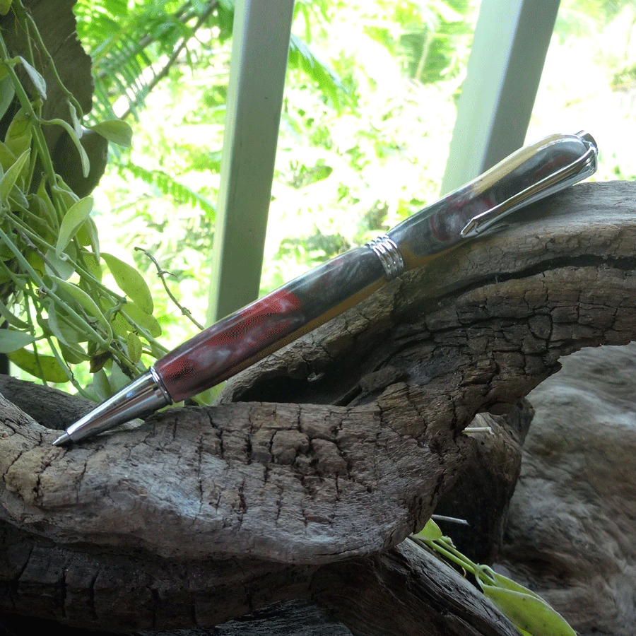 Driftwood and red and pearl grey resin pen