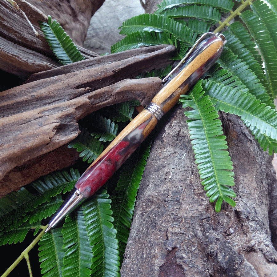 Driftwood and red and pearl grey resin pen