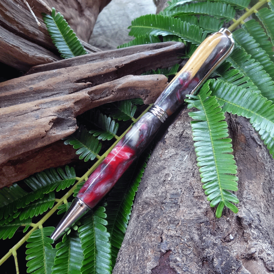 Driftwood and red and pearl grey resin pen