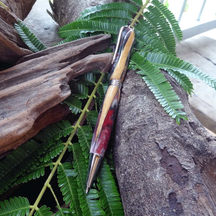 Driftwood and red and pearl grey resin pen