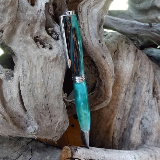 Driftwood and teal resin pen