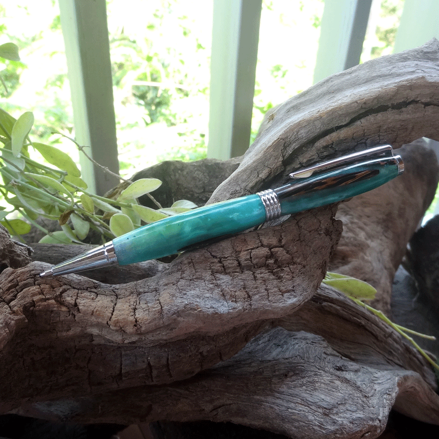 Driftwood and teal resin pen