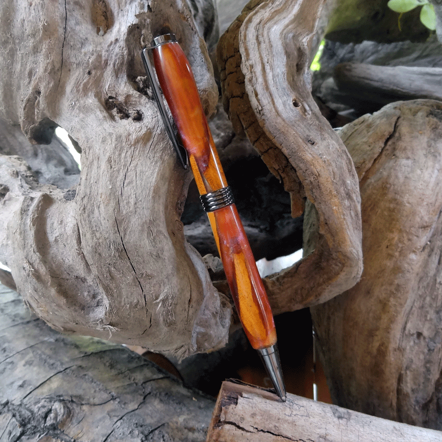 Driftwood and red and gold resin pen