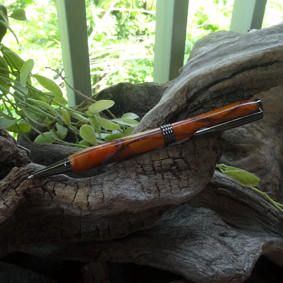 Driftwood and red and gold resin pen