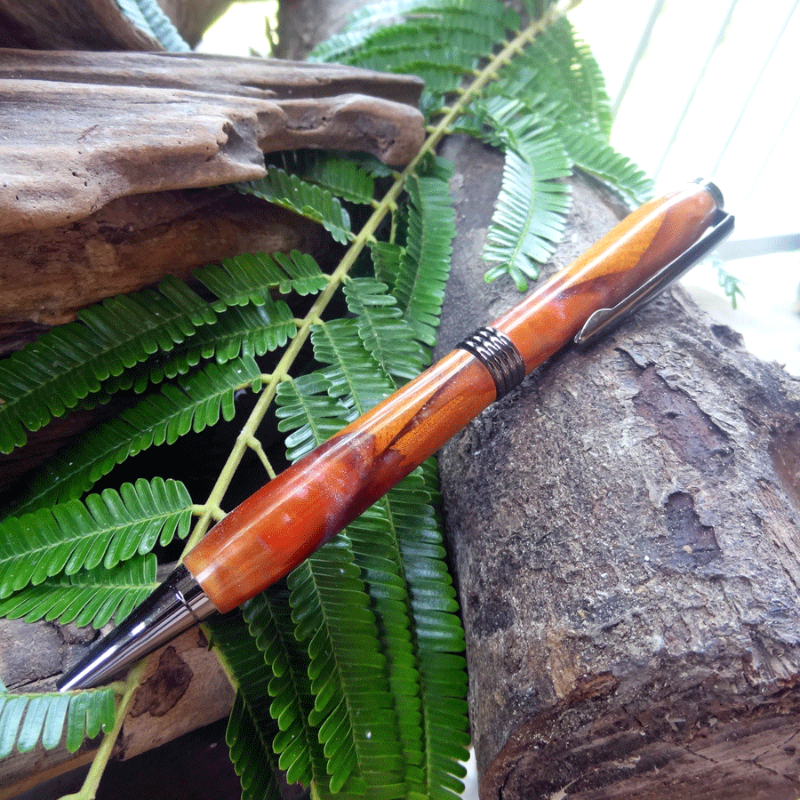 Driftwood and red and gold resin pen