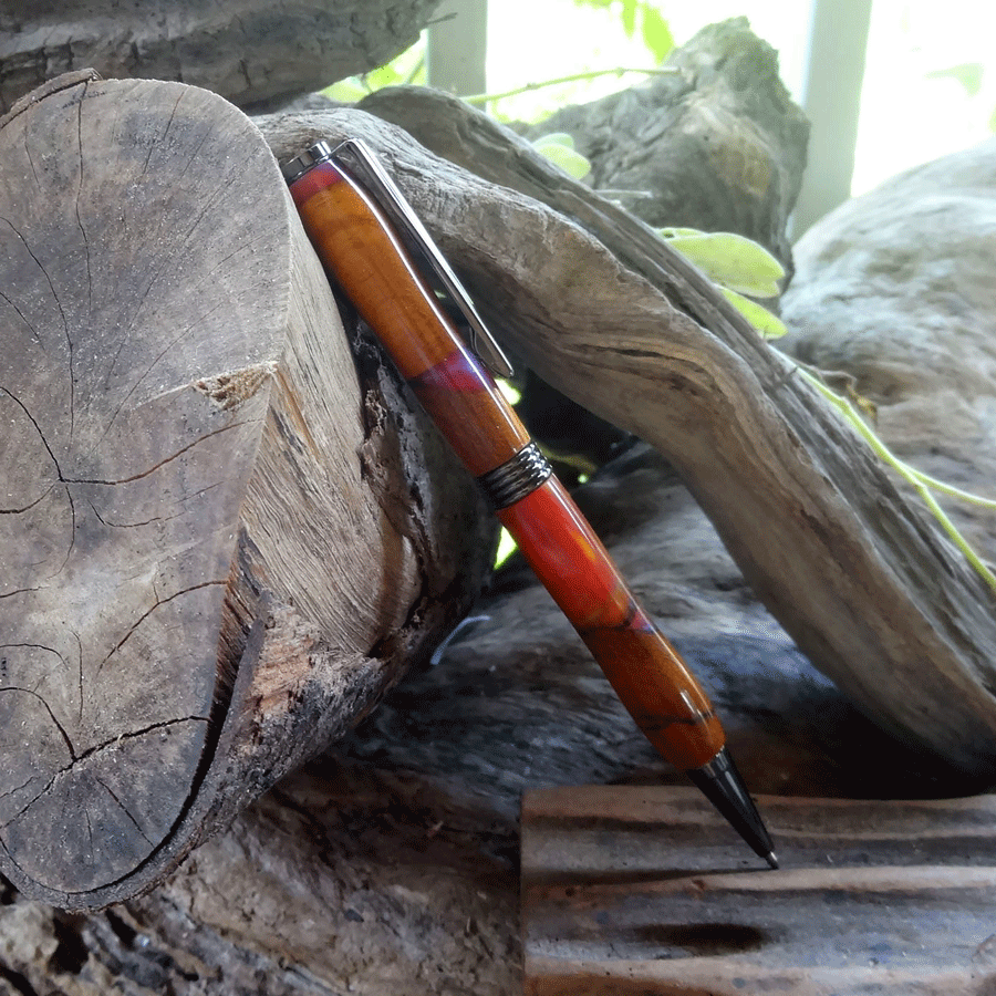 Driftwood and red, yellow and purple resin pen