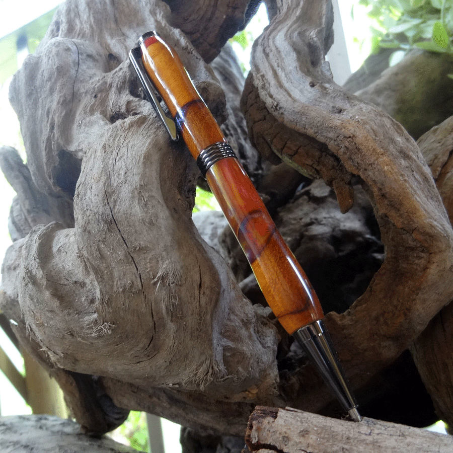 Driftwood and red, yellow and purple resin pen