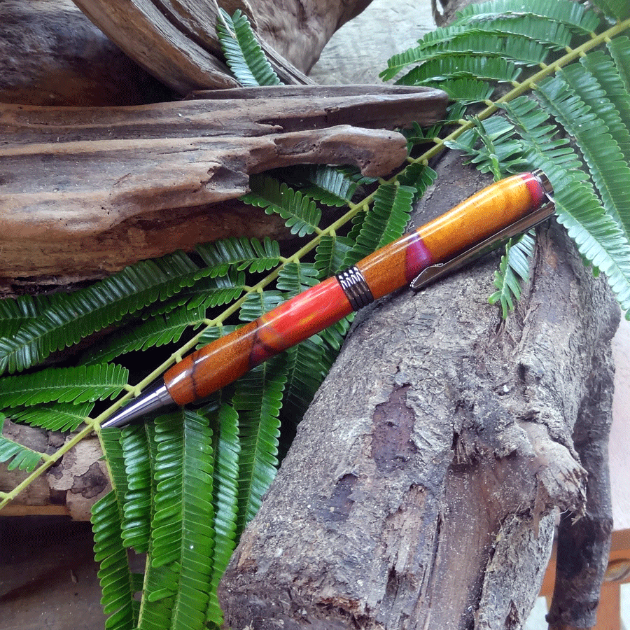 Driftwood and red, yellow and purple resin pen