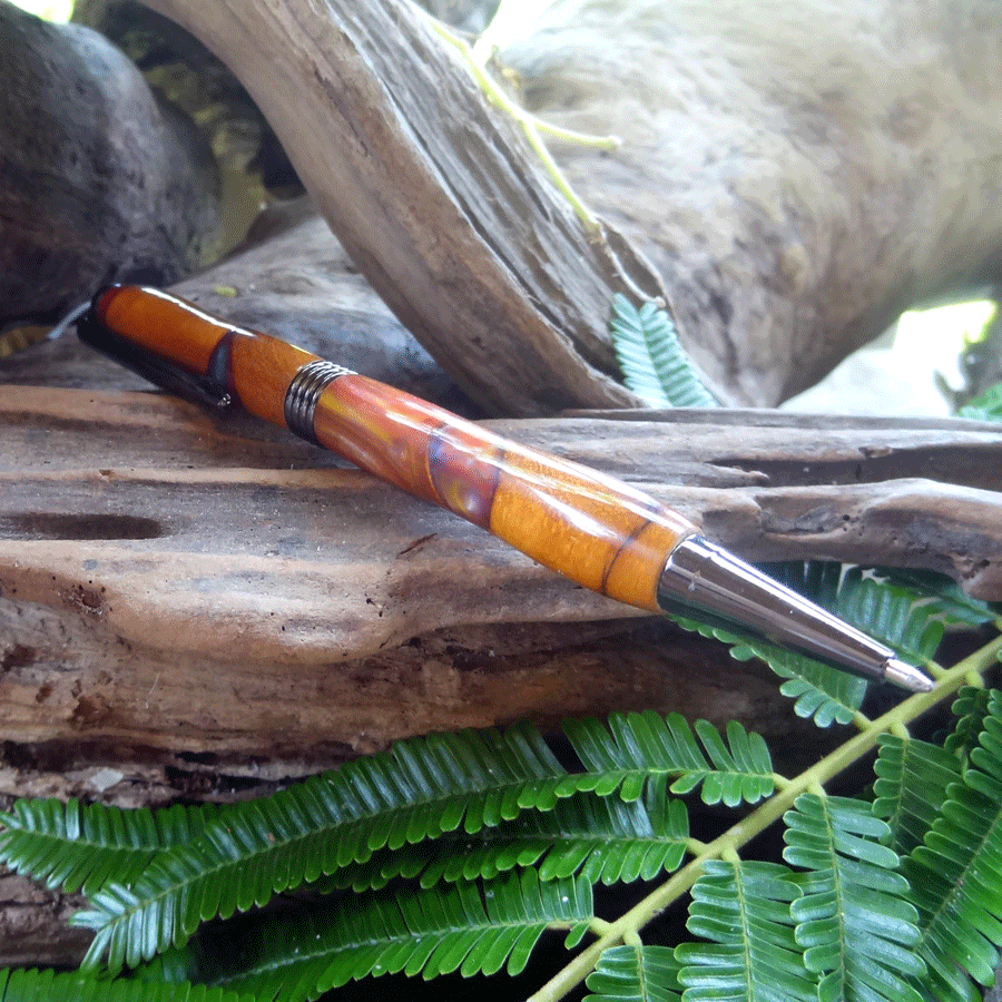 Driftwood and red, yellow and purple resin pen