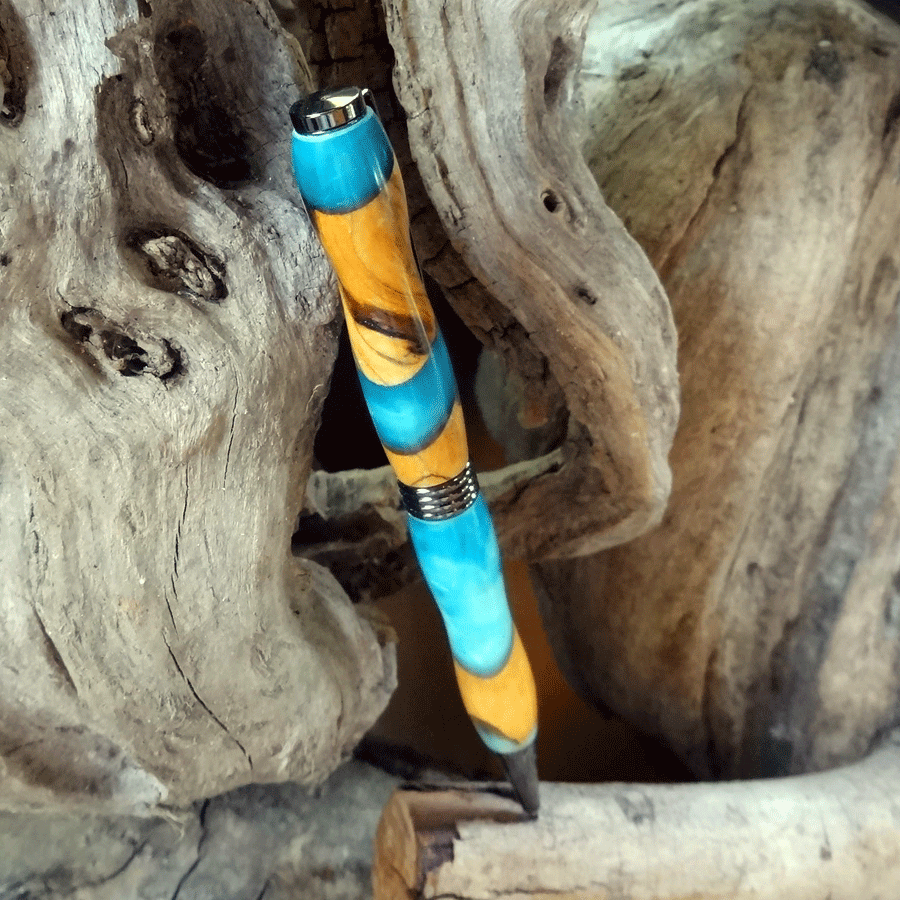 Driftwood and blue resin pen