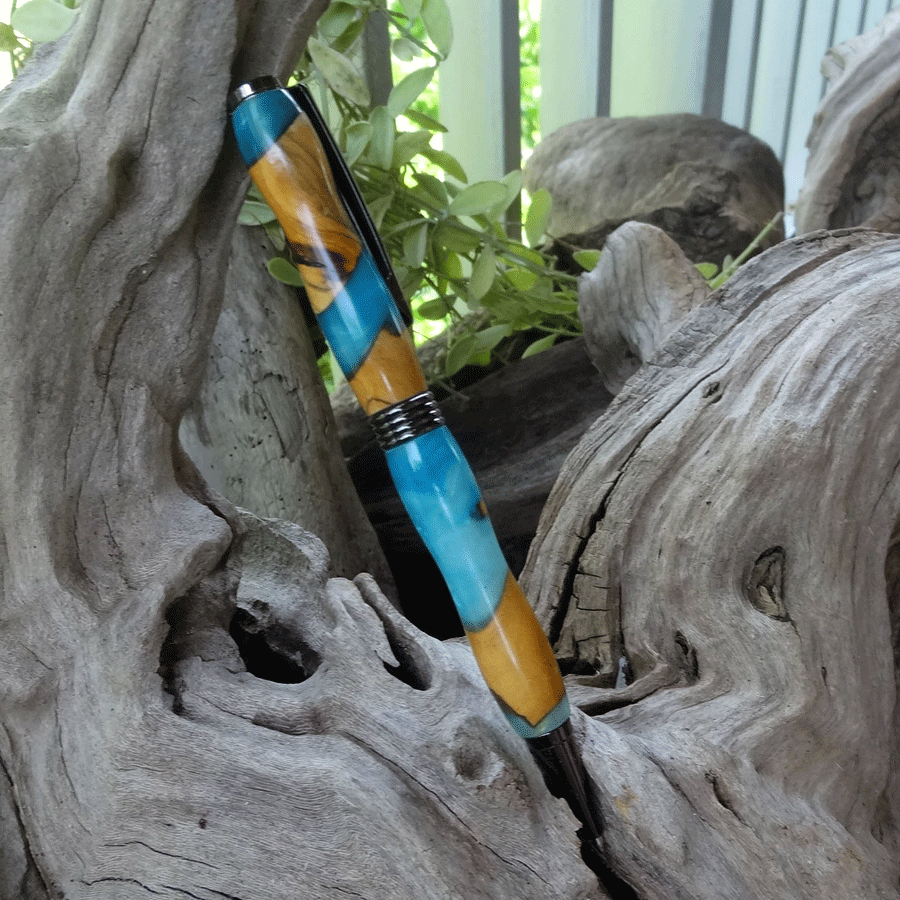 Driftwood and blue resin pen