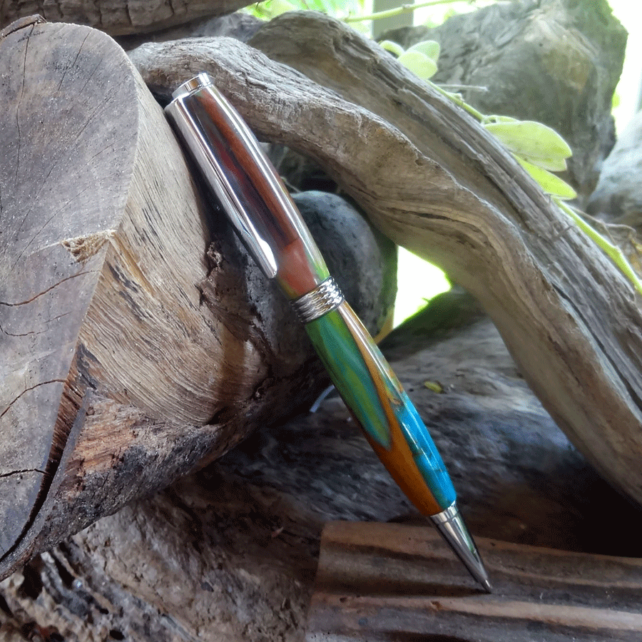 Driftwood and blue and green resin pen