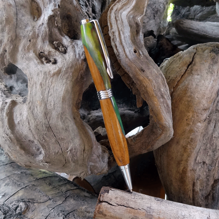 Driftwood and blue and green resin pen