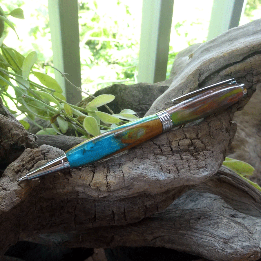 Driftwood and blue and green resin pen