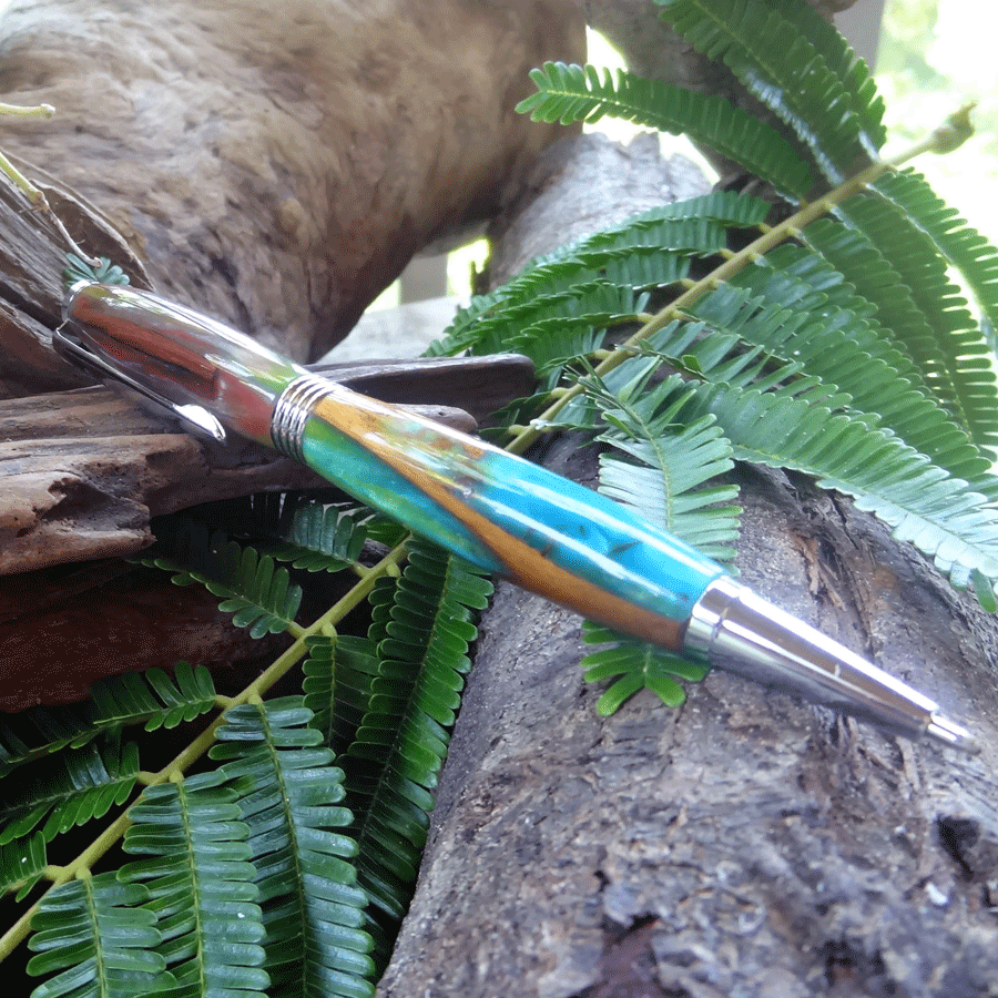 Driftwood and blue and green resin pen