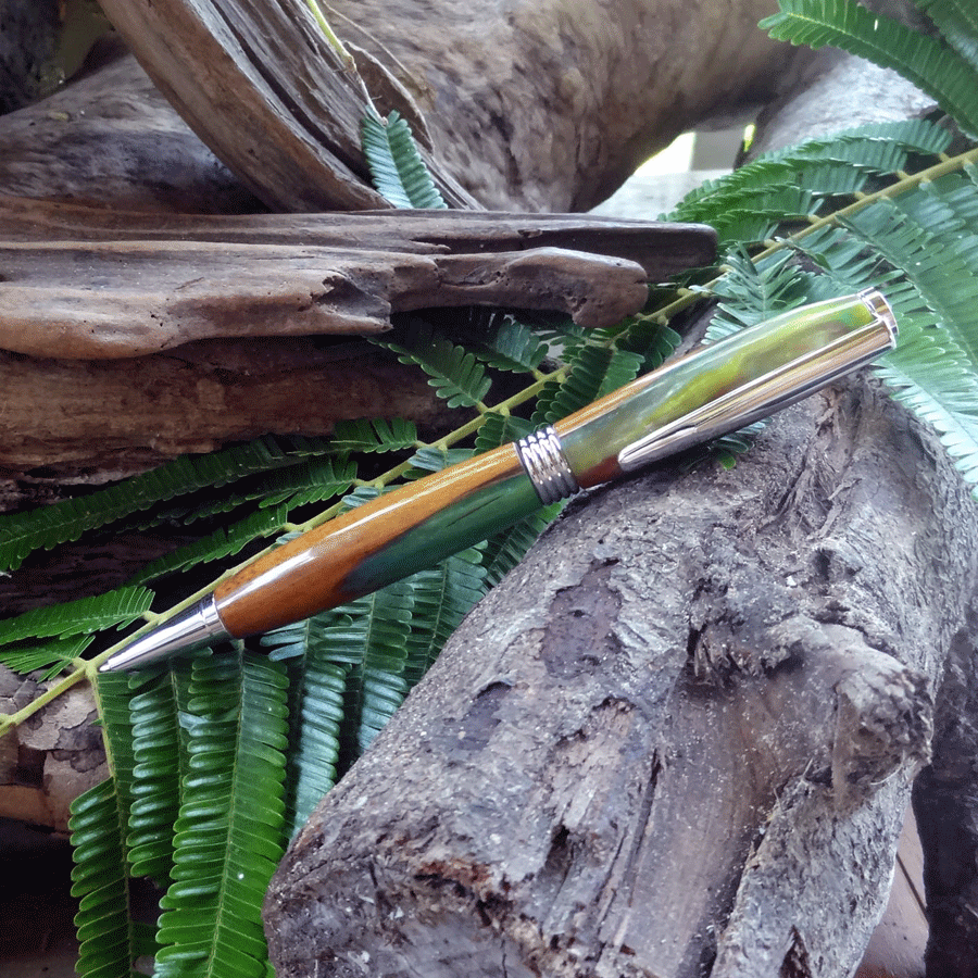 Driftwood and blue and green resin pen