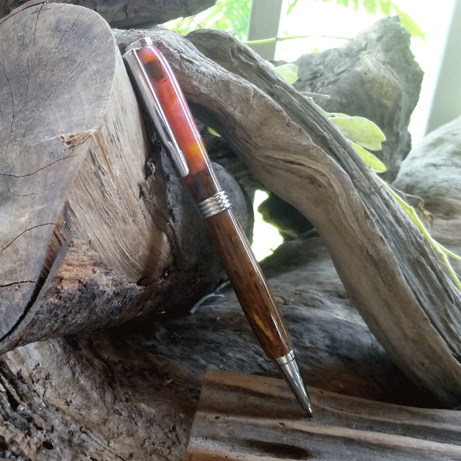 Driftwood and pink and yellow resin pen