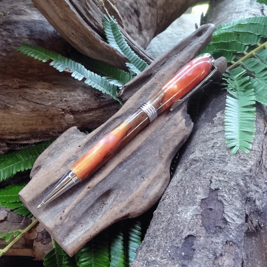 Driftwood and pink and yellow resin pen