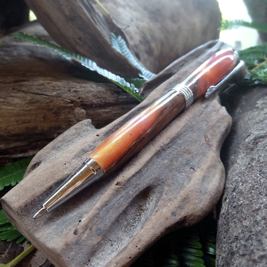 Driftwood and pink and yellow resin pen