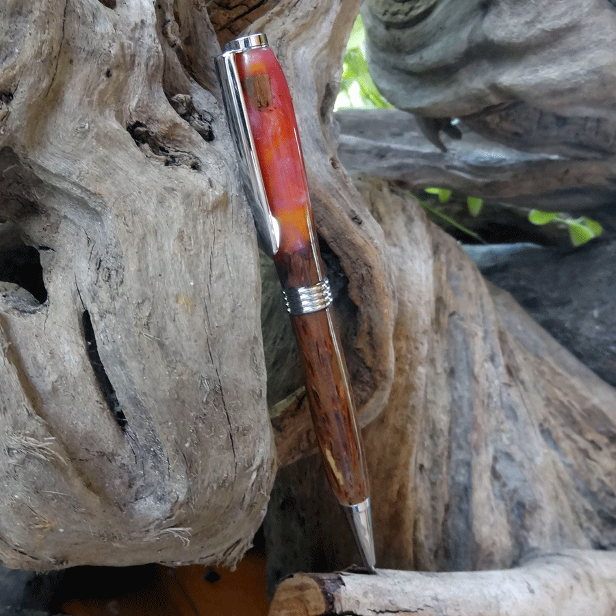 Driftwood and pink and yellow resin pen