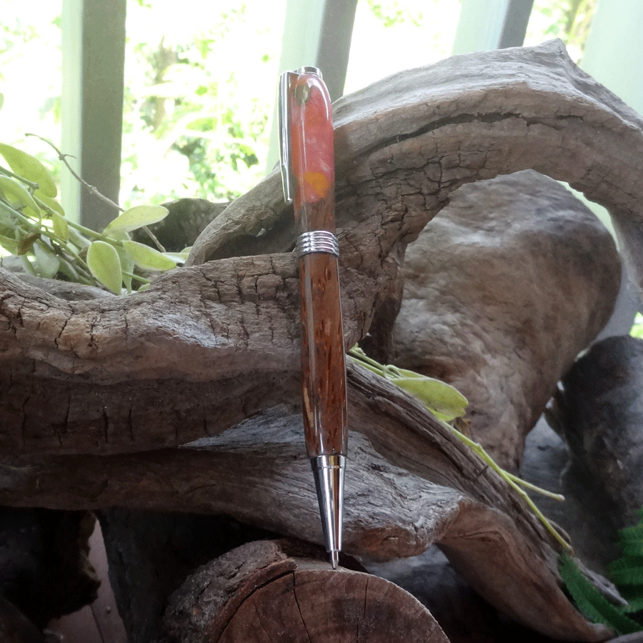 Driftwood and pink and yellow resin pen