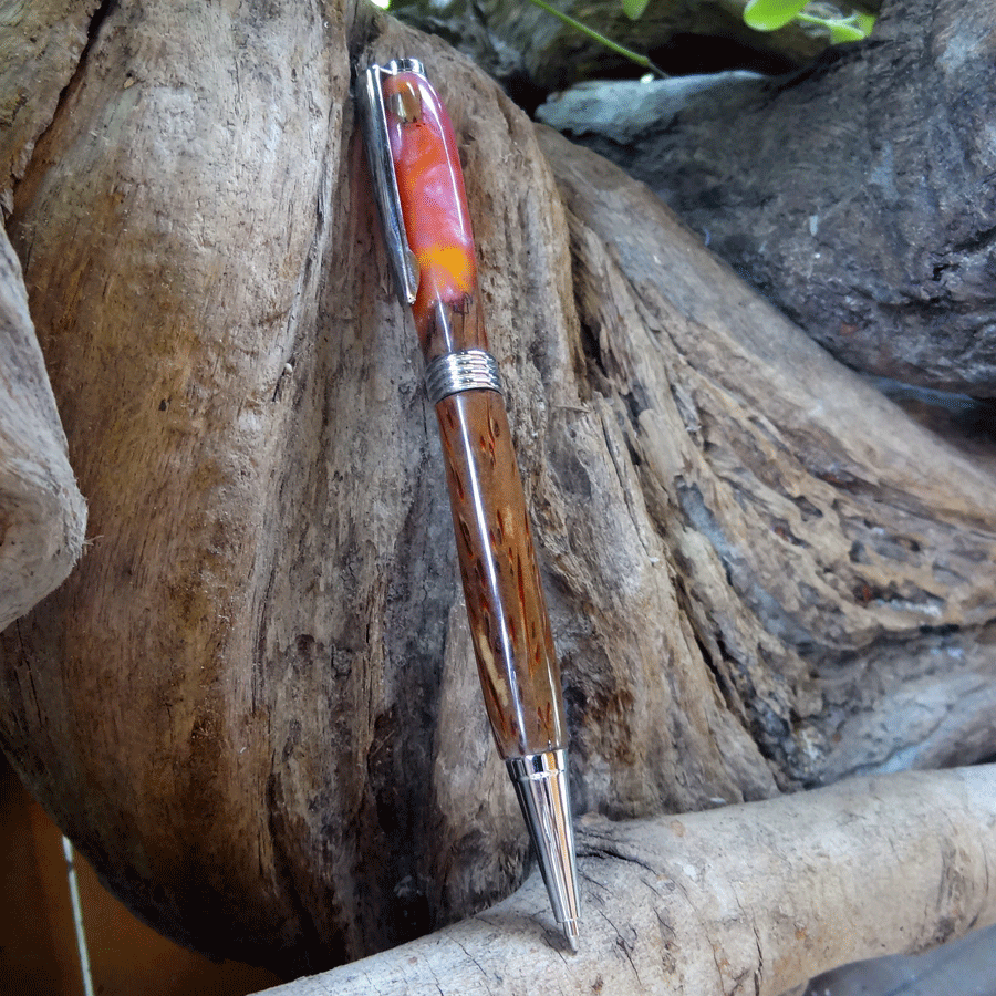 Driftwood and pink and yellow resin pen