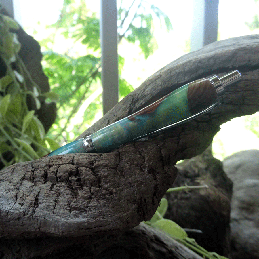 Driftwood and green and blue resin pen