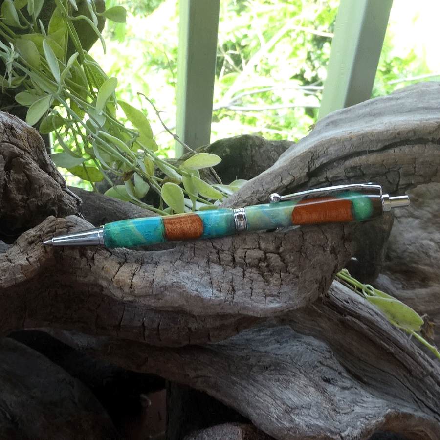 Driftwood and green and blue resin pen