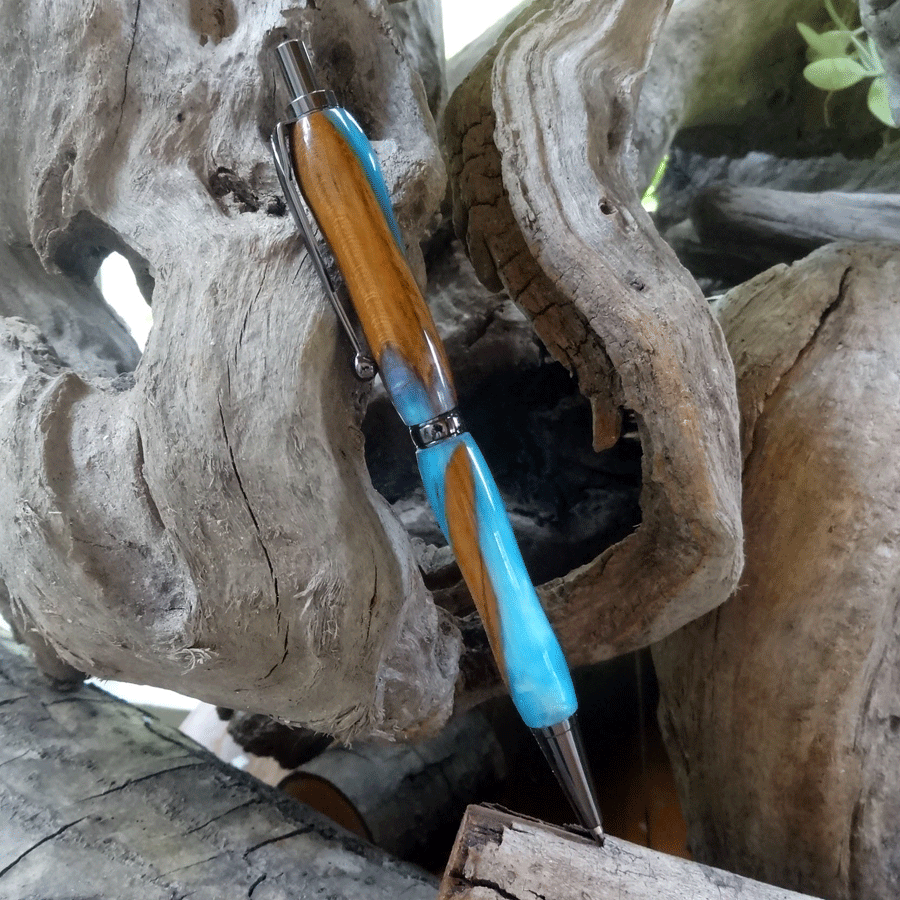 Driftwood and blue resin pen