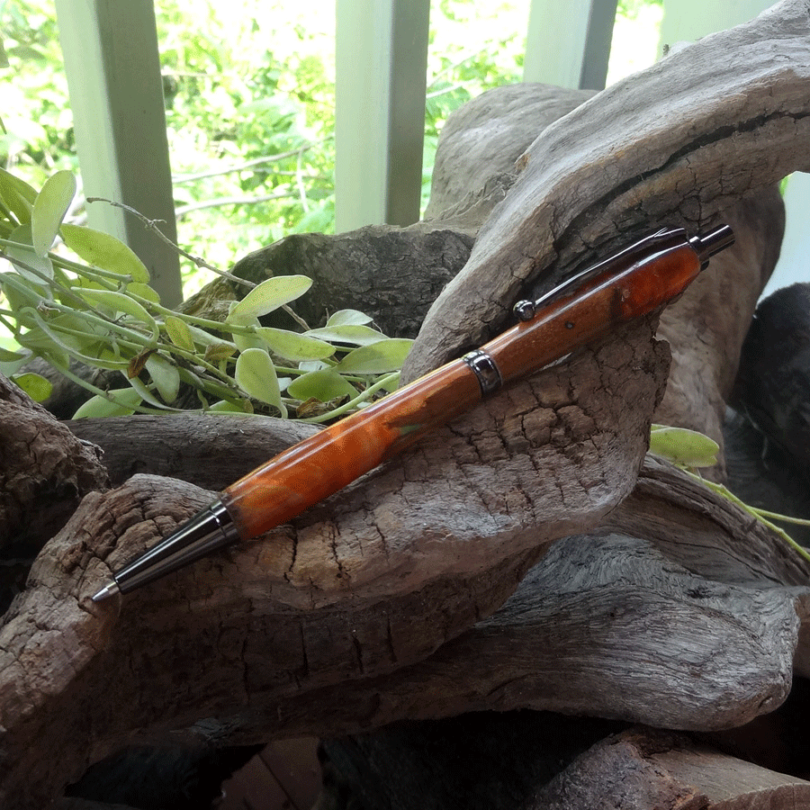 Driftwood and red and gold resin pen