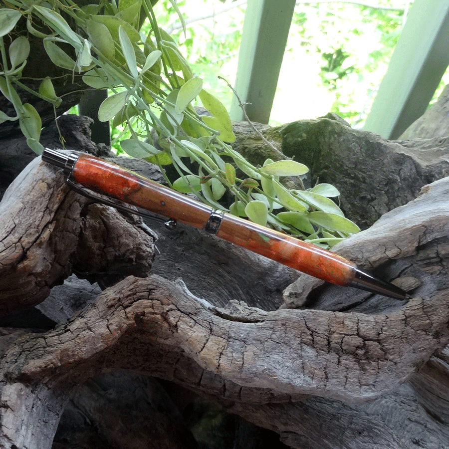 Driftwood and red and gold resin pen