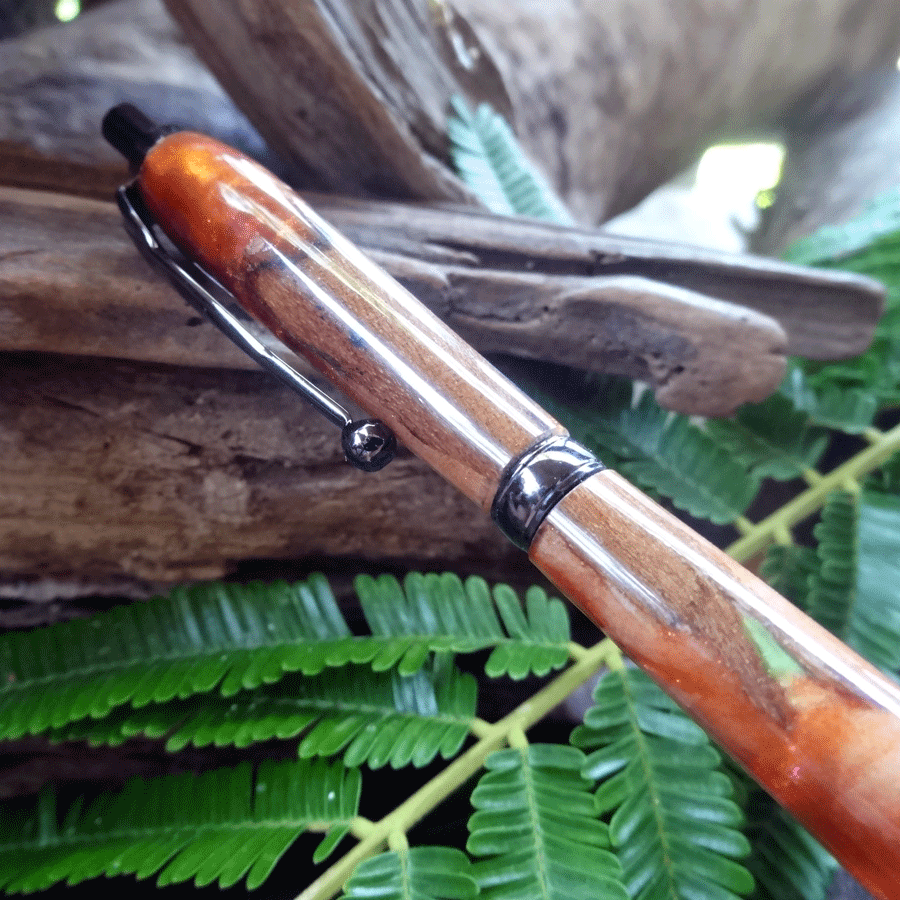 Driftwood and red and gold resin pen