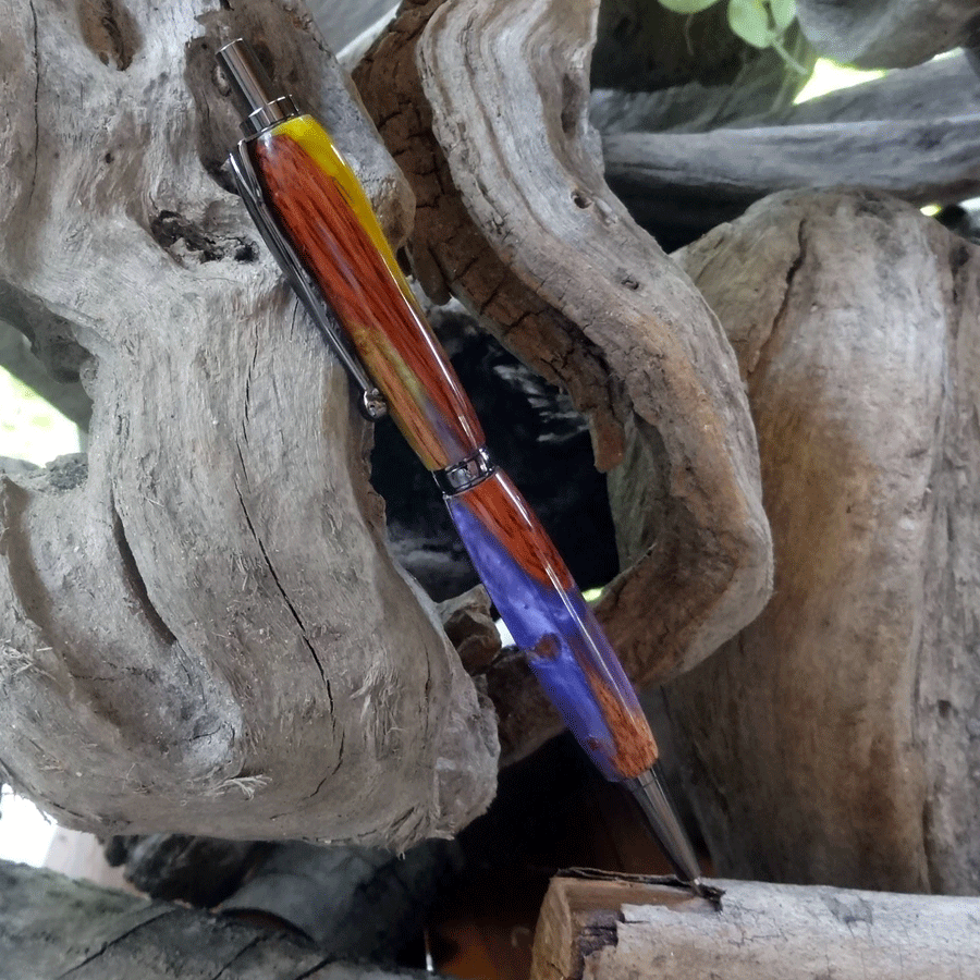 Driftwood and purple and yellow resin pen