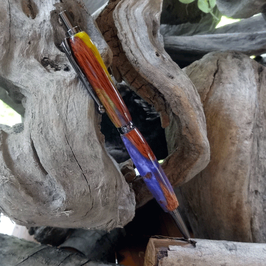 Driftwood and purple and yellow resin pen