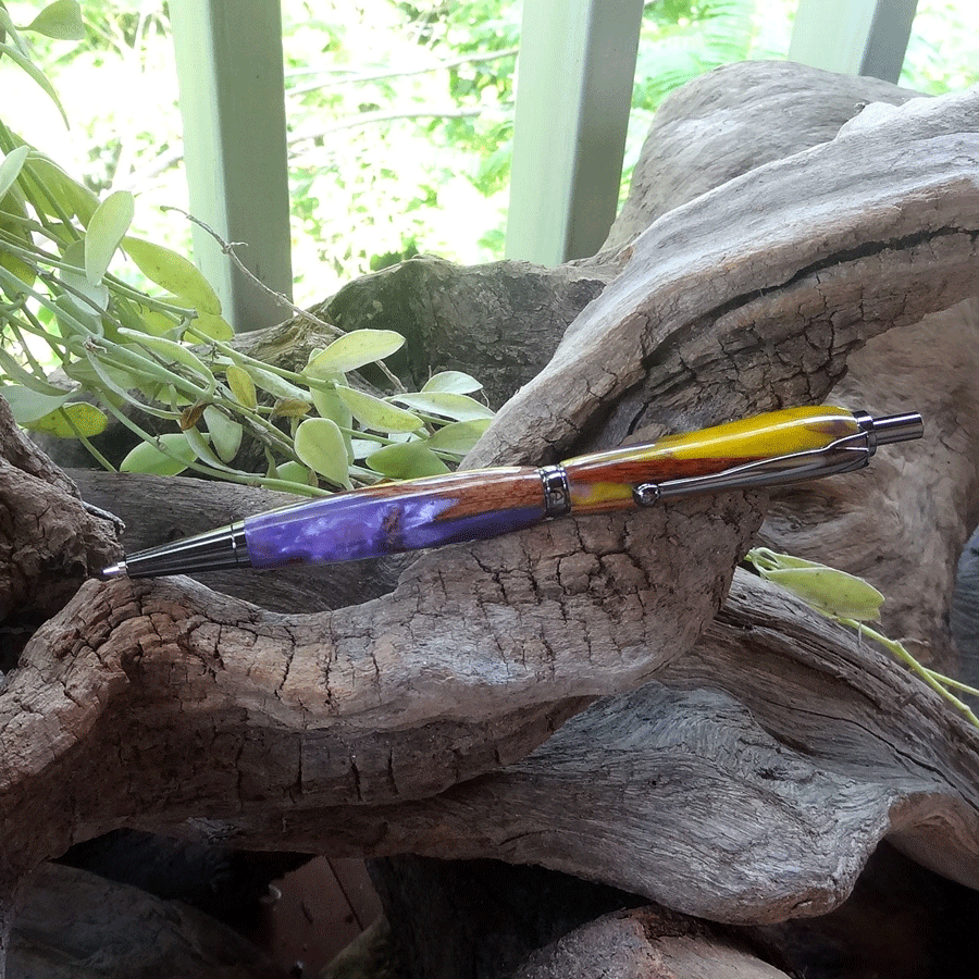 Driftwood and purple and yellow resin pen