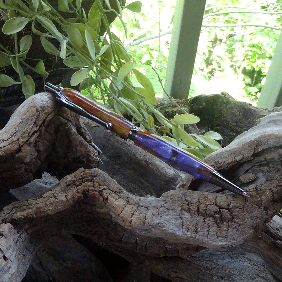 Driftwood and purple and yellow resin pen